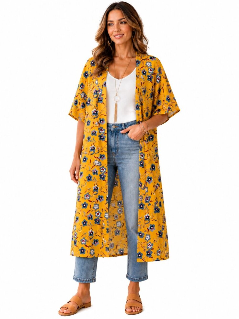 14th & Union Yellow Floral Open Front Kimono Duster Cover Up Womens One Size